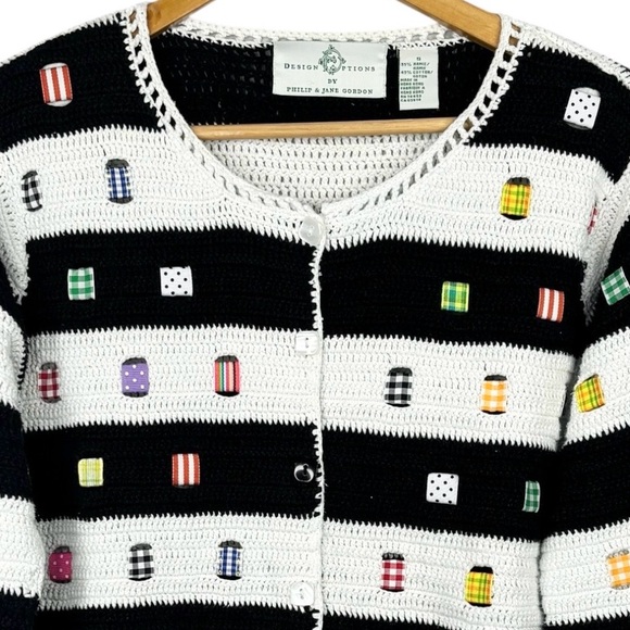 VTG Design Options Knit Black & White Stripes & Patchwork Detail Cardigan S - Picture 2 of 9